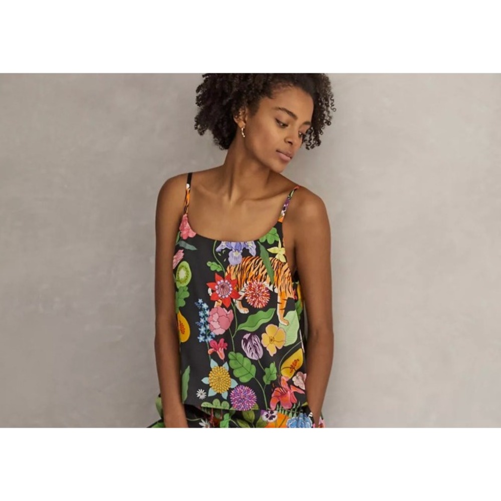 Karen‎ Mabon Black Tiger Bouquet Silk Cami Tank Pajama Top in Size S